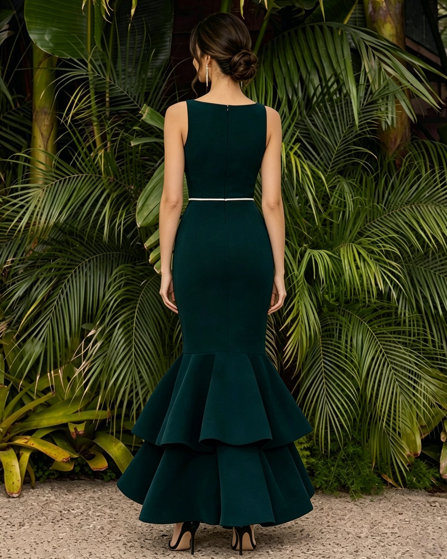 dark green sleeveless jewel neck mermaid formal dress with tiered ruffle hem - back view - image 2
