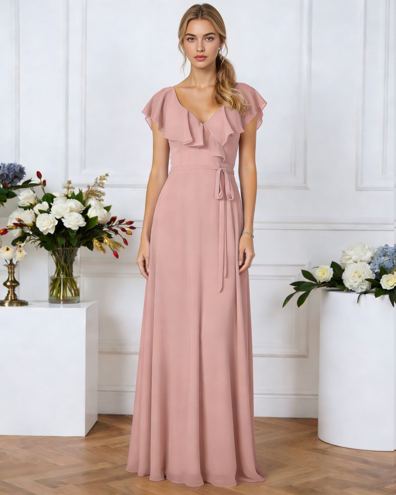 tie neck chiffon bridesmaid dress with flutter sleeves - image 2