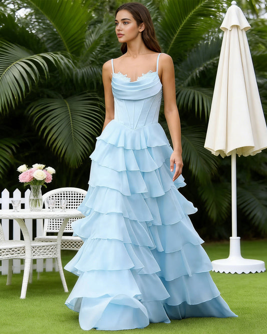 light blue spaghetti strap tiered chiffon A-line prom dress with ruffle dress - image 2