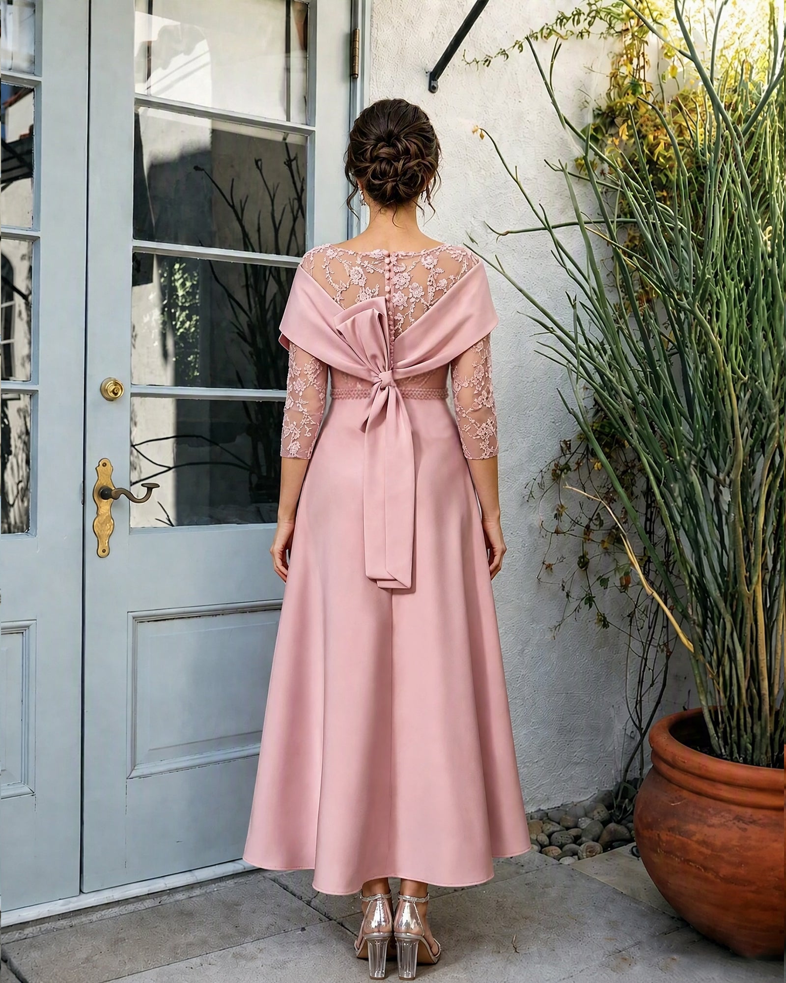 Off-Shoulder Tea-Length A-Line Mother of the Bride Dress with Lace Sleeves - back view with bow detail