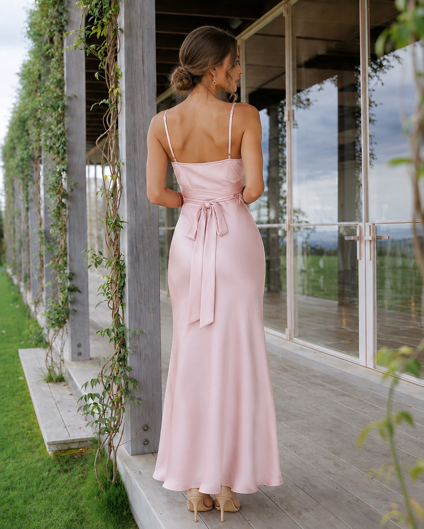 cowl neck satin bridesmaid dress with spaghetti straps and tie-back - open tie-back view
