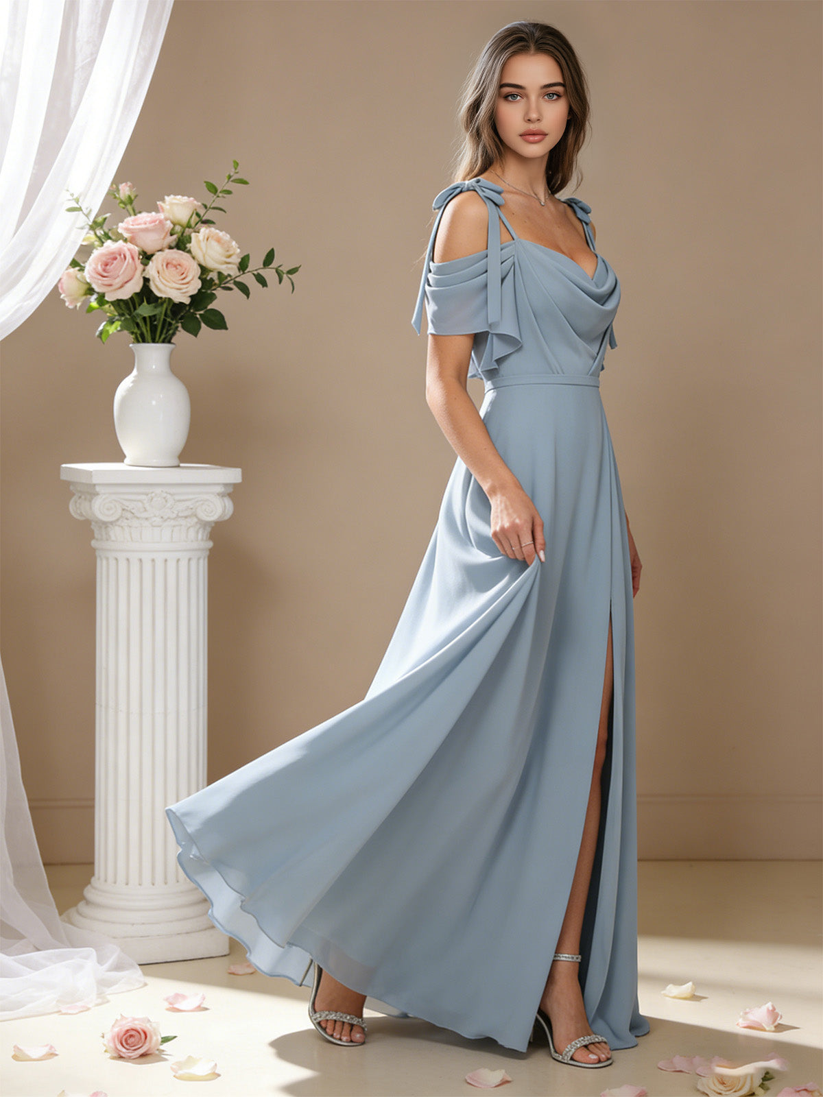 cowl neck cold shoulder bridesmaid dress with high slit chiffon skirt - image 2