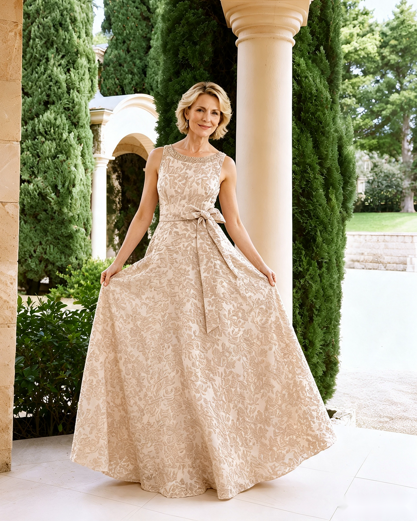 Sleeveless Lace A-Line Mother of the Bride Dress with Sash Bow - flowing A-line movement view