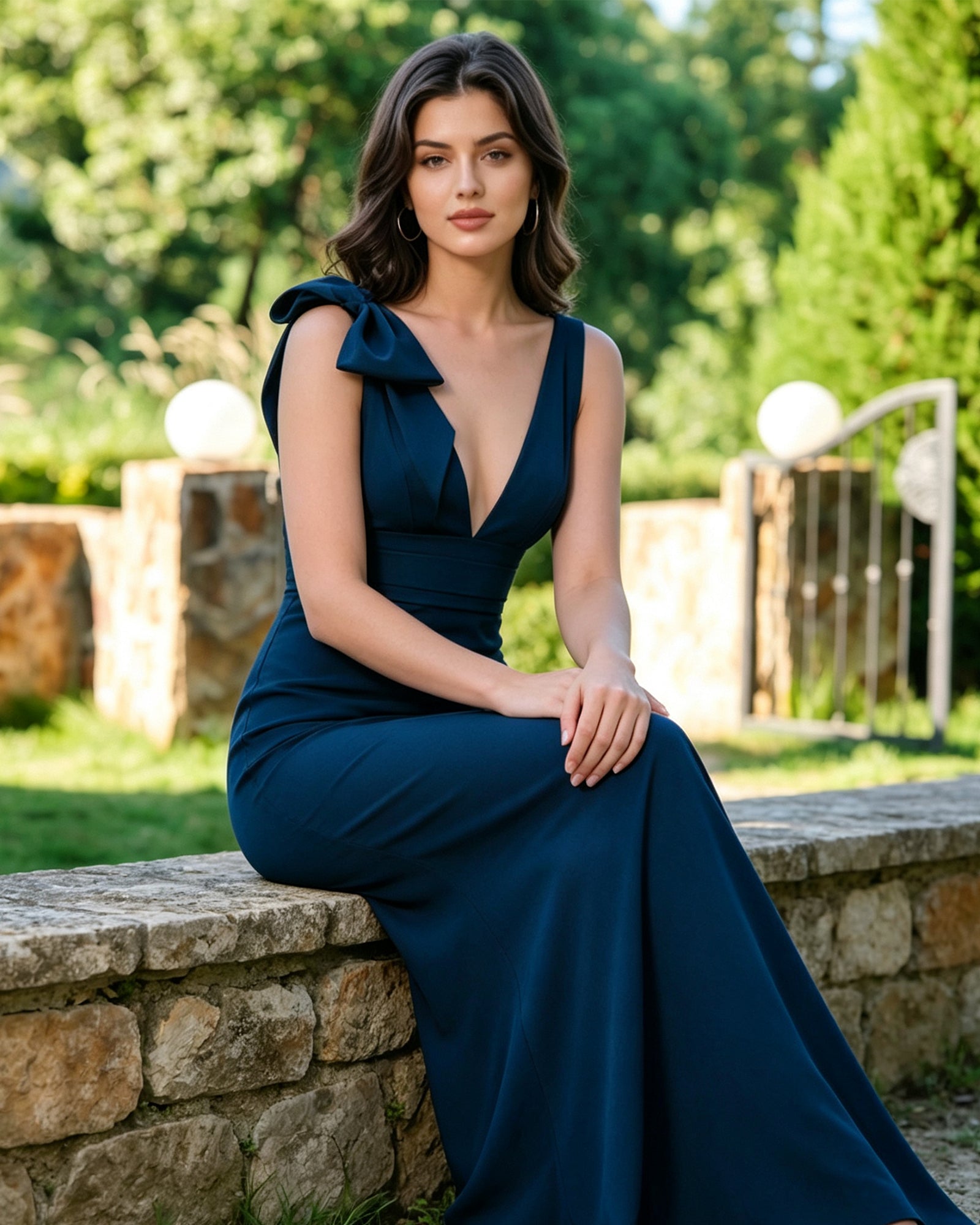 V-neck bow shoulder mermaid formal dress with empire waist - image 2