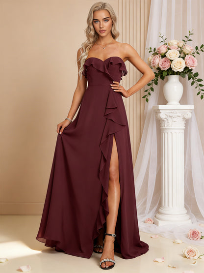 strapless chiffon bridesmaid dress with bow bodice and front slit - image 2