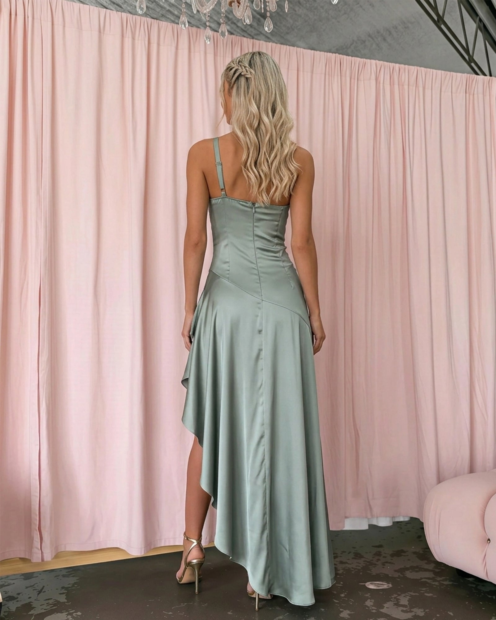sage green one shoulder satin high-low formal dress with ruffle slit - back view - image 2
