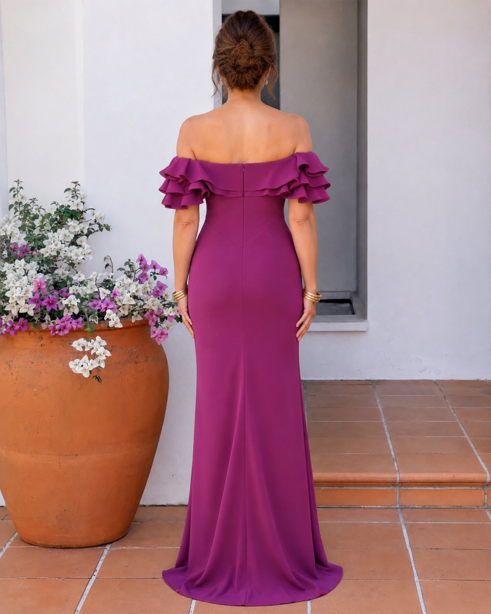Off-Shoulder Ruffle Sleeve Mermaid Mother of the Bride Dress - full back view