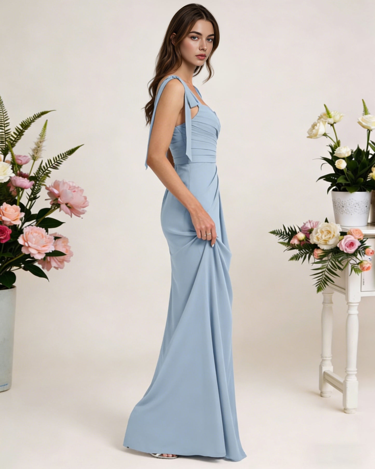 tie strap chiffon bridesmaid dress with square neck and high slit - image 2