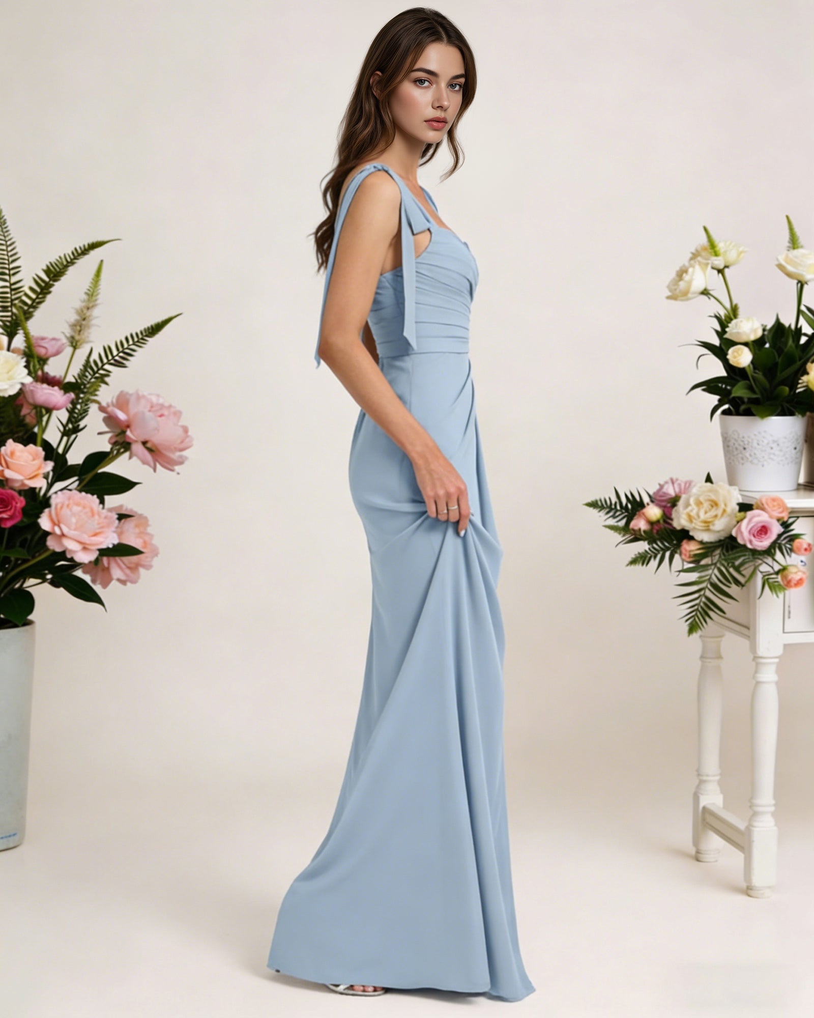 tie strap chiffon bridesmaid dress with square neck and high slit - image 2