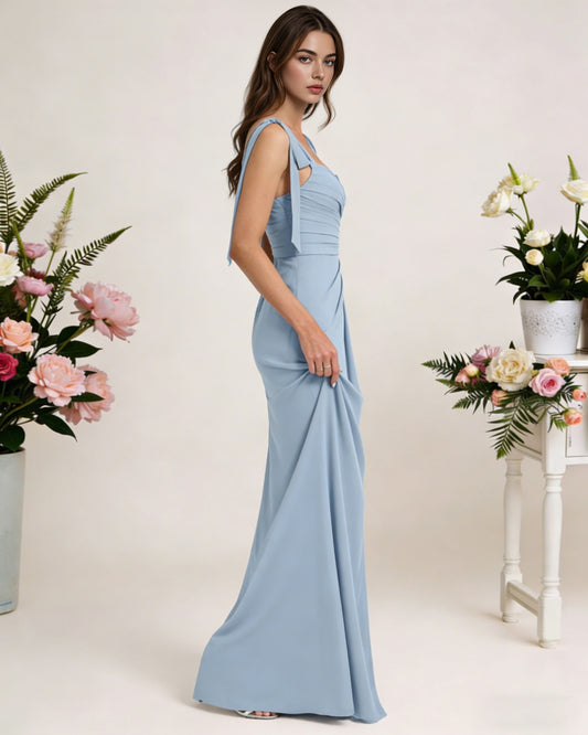 tie strap chiffon bridesmaid dress with square neck and high slit - image 2
