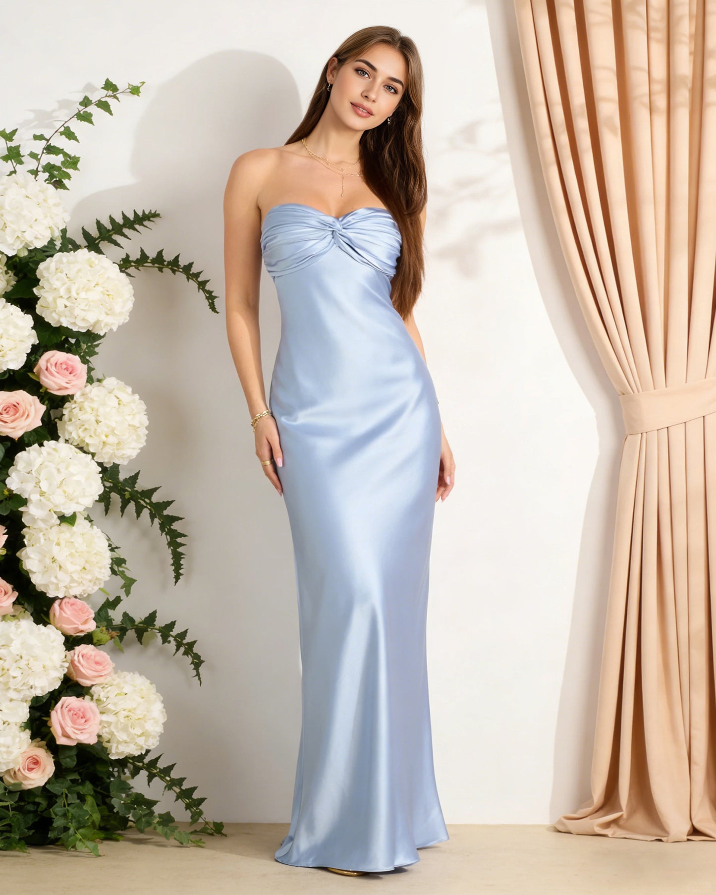 strapless satin bridesmaid dress with twisted sweetheart bodice - image 2