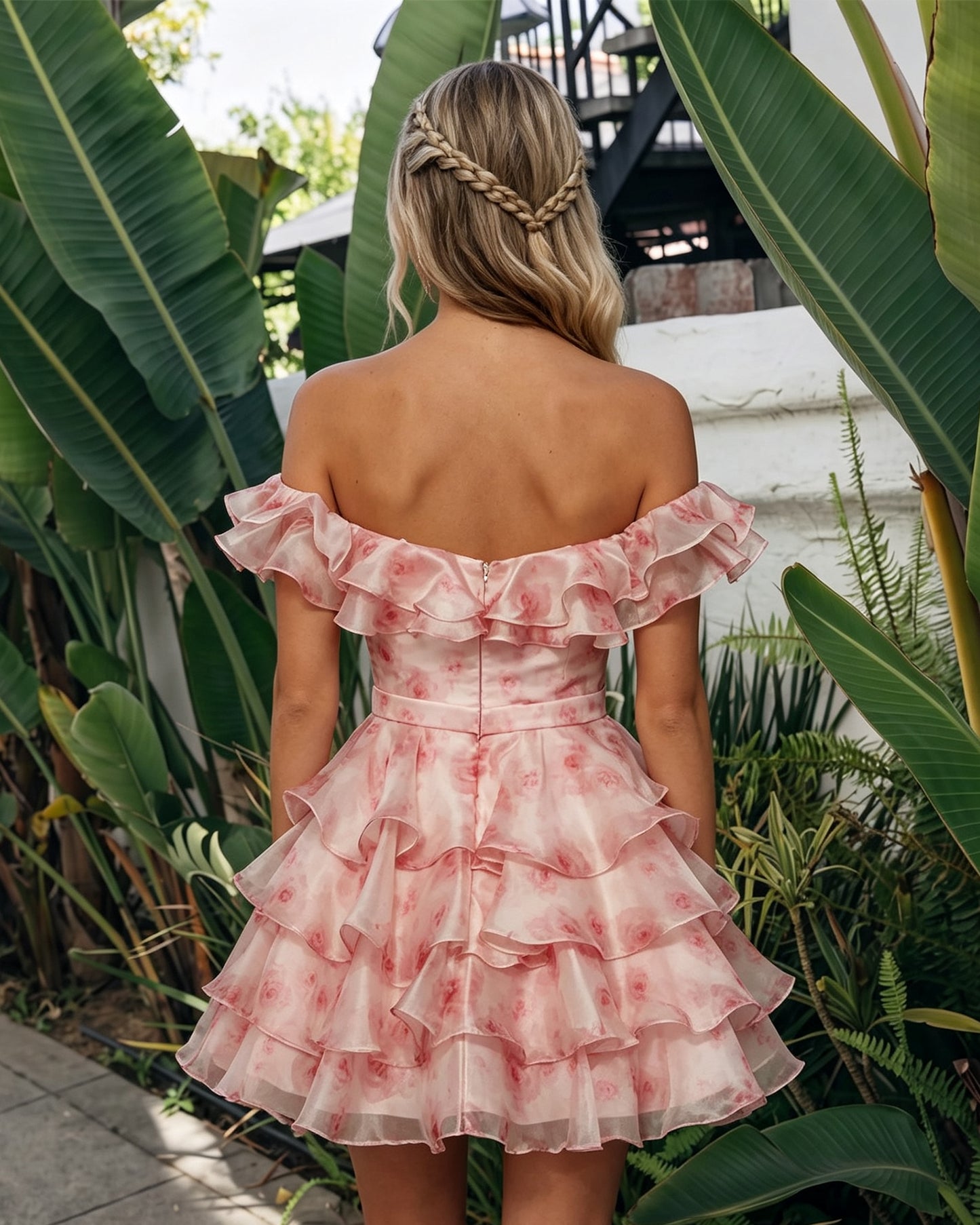 Off-Shoulder 3D Floral Ruffle A-Line Mini Homecoming Dress - back view