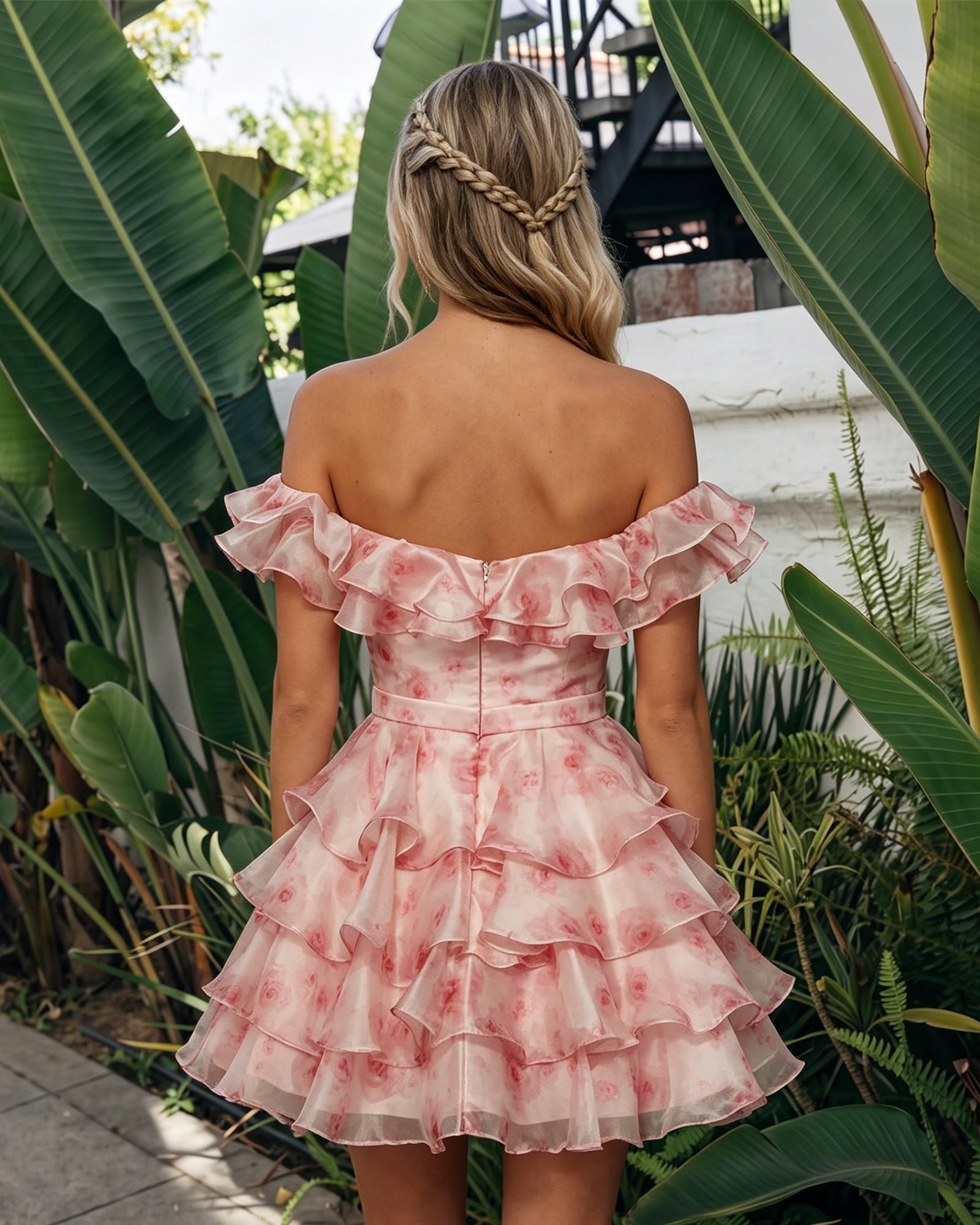Off-Shoulder 3D Floral Ruffle A-Line Mini Homecoming Dress - back view