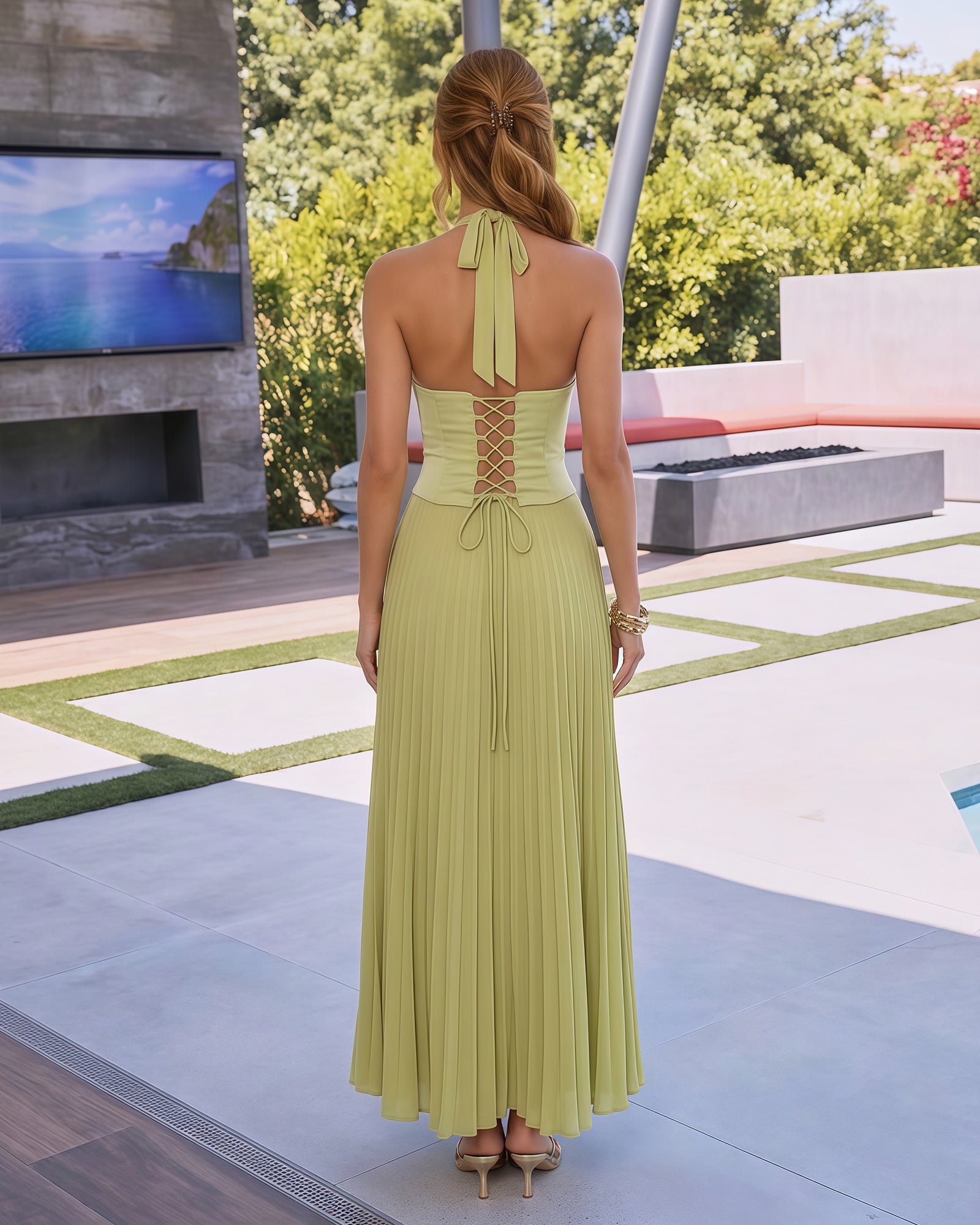 two-piece halter pleated chiffon midi formal dress - back view