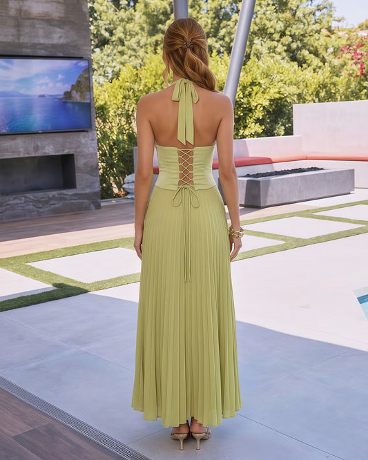 two-piece halter pleated chiffon midi formal dress - back view
