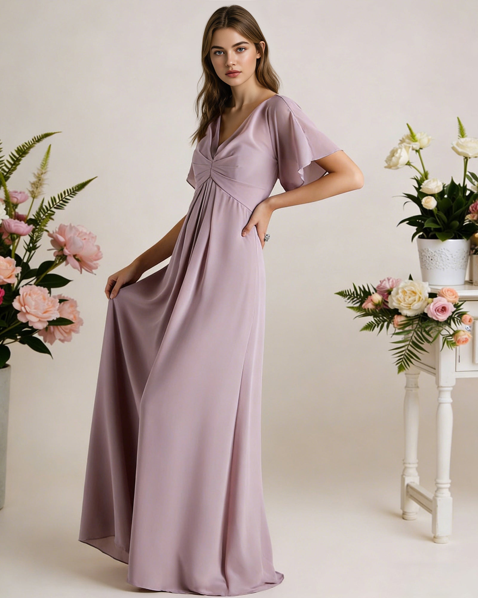 short sleeve V-neck chiffon bridesmaid dress with gathered waist - image 2