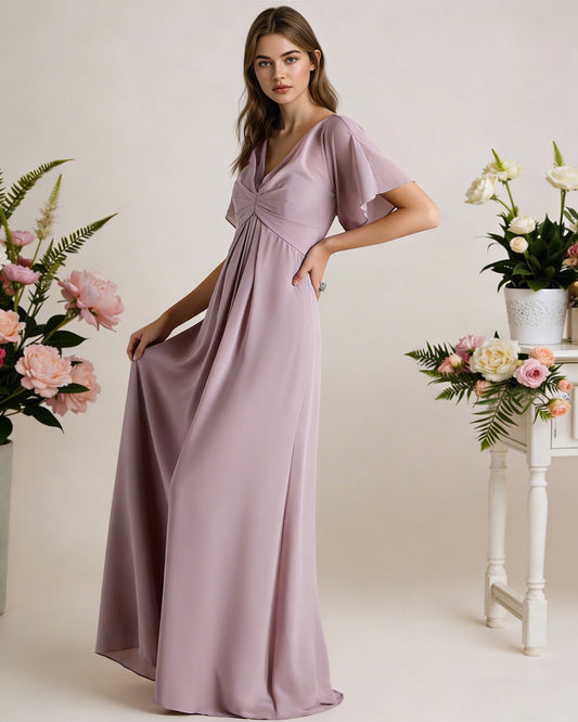 short sleeve V-neck chiffon bridesmaid dress with gathered waist - image 2