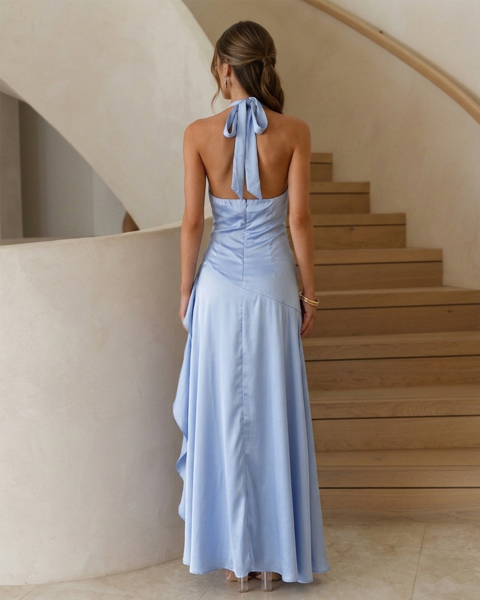 light blue plunging halter satin high-low formal dress with draped waist - back view showing the halter tie - image 2
