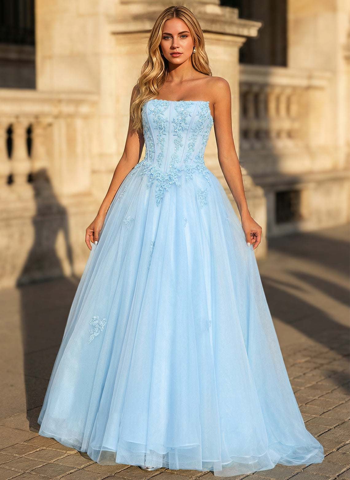 Strapless Corset Tulle Ball Gown Floral Lace Applique Prom Dress