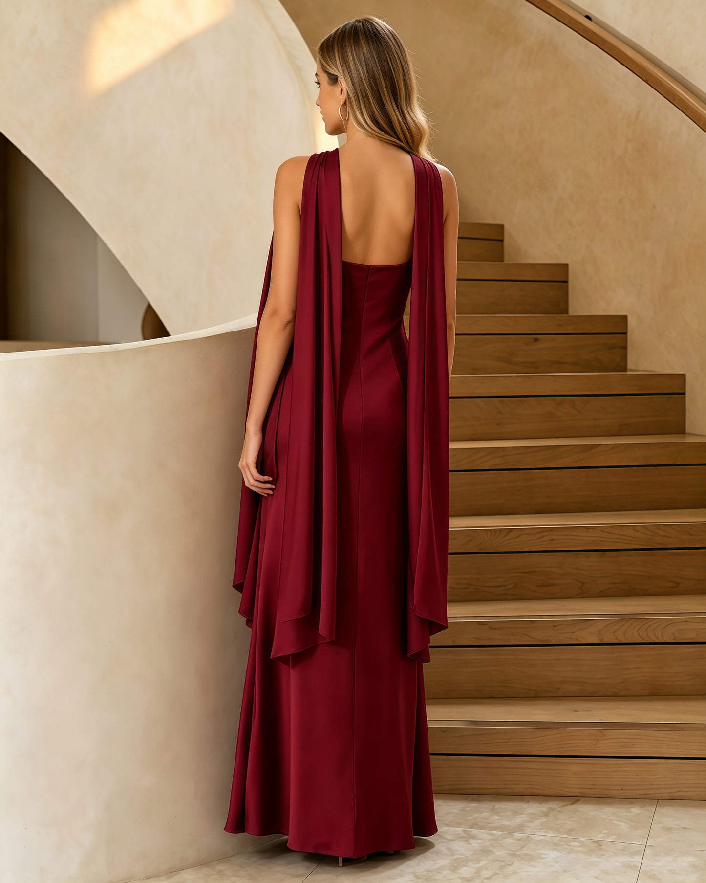 embellished halter cape satin sheath formal dress - back view