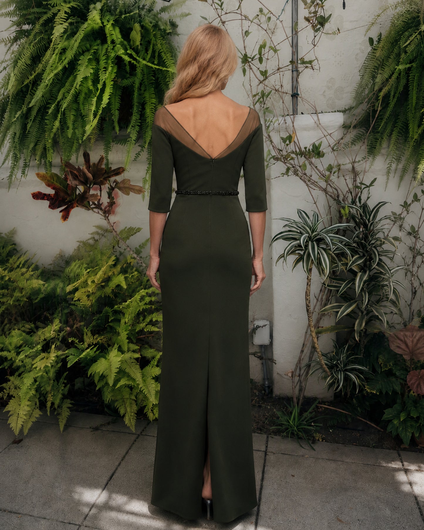 Off-Shoulder Three-Quarter Sleeve Sheath Mother of the Bride Dress - full back view