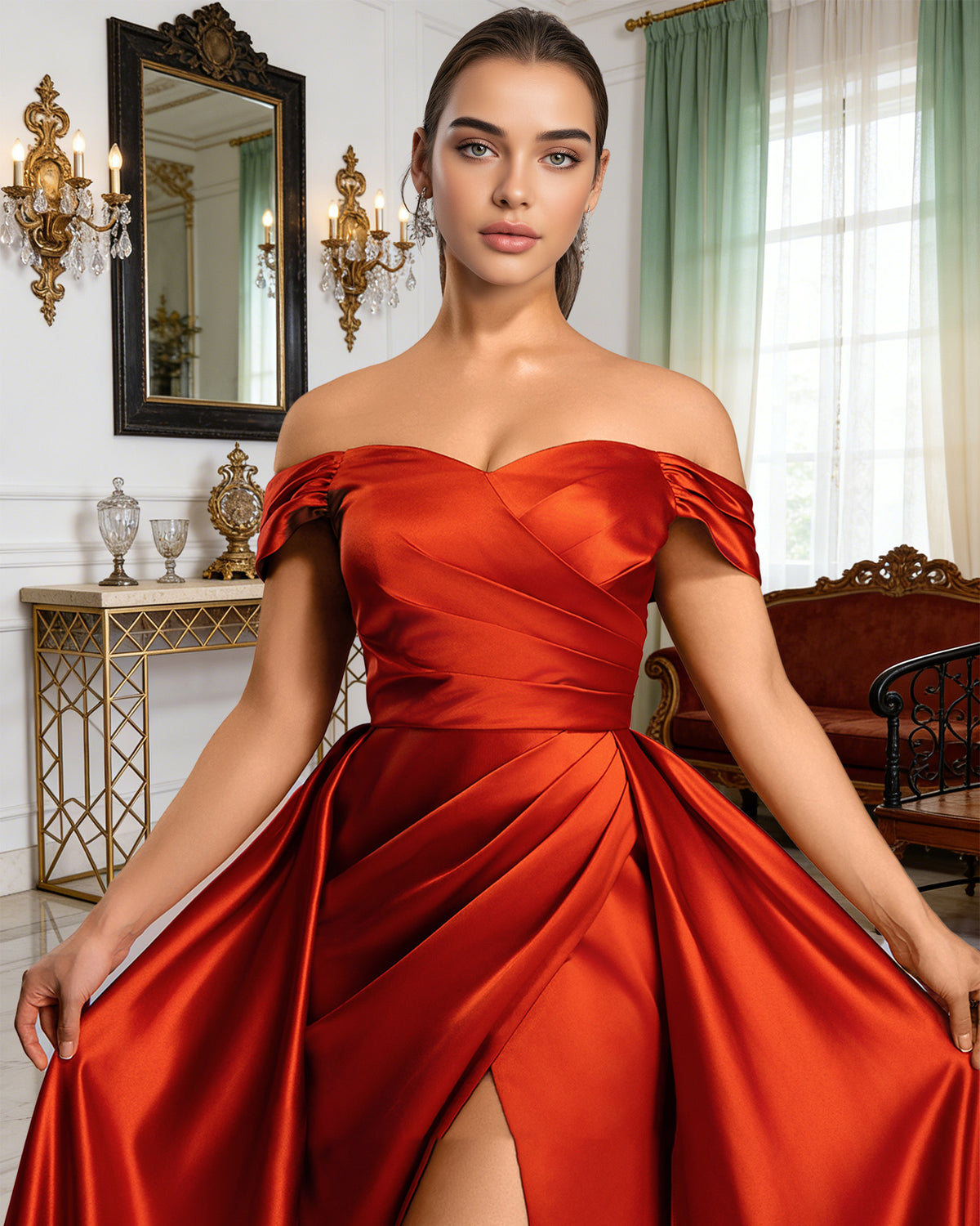 red off shoulder satin ball gown prom dress with draped bodice and slit - image 2