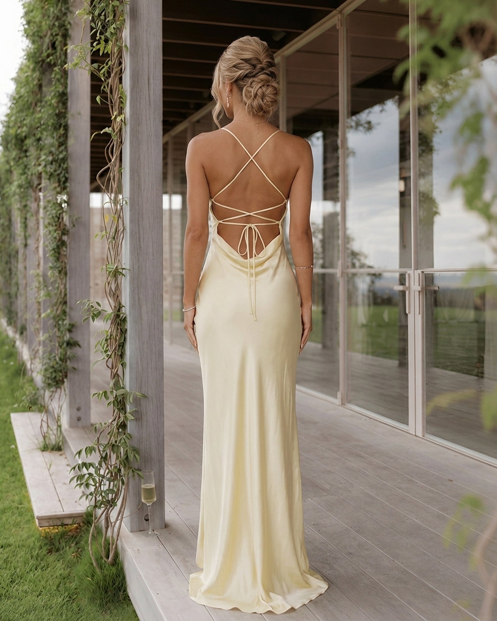 light yellow cowl neck satin bridesmaid dress with spaghetti straps and lace-up back - image 2