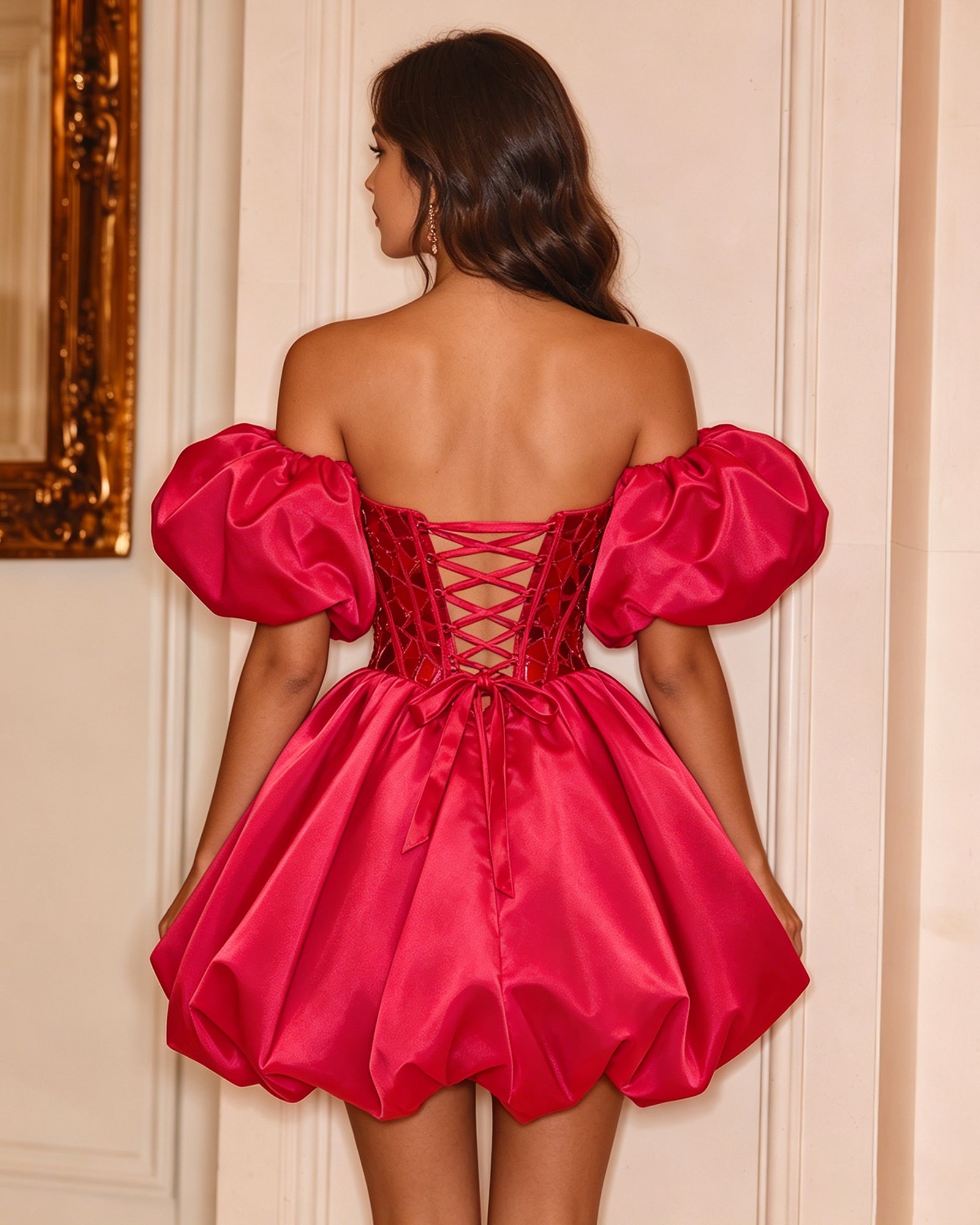 fuchsia off-shoulder puff sleeve satin bubble homecoming dress with embellished corset - image 2