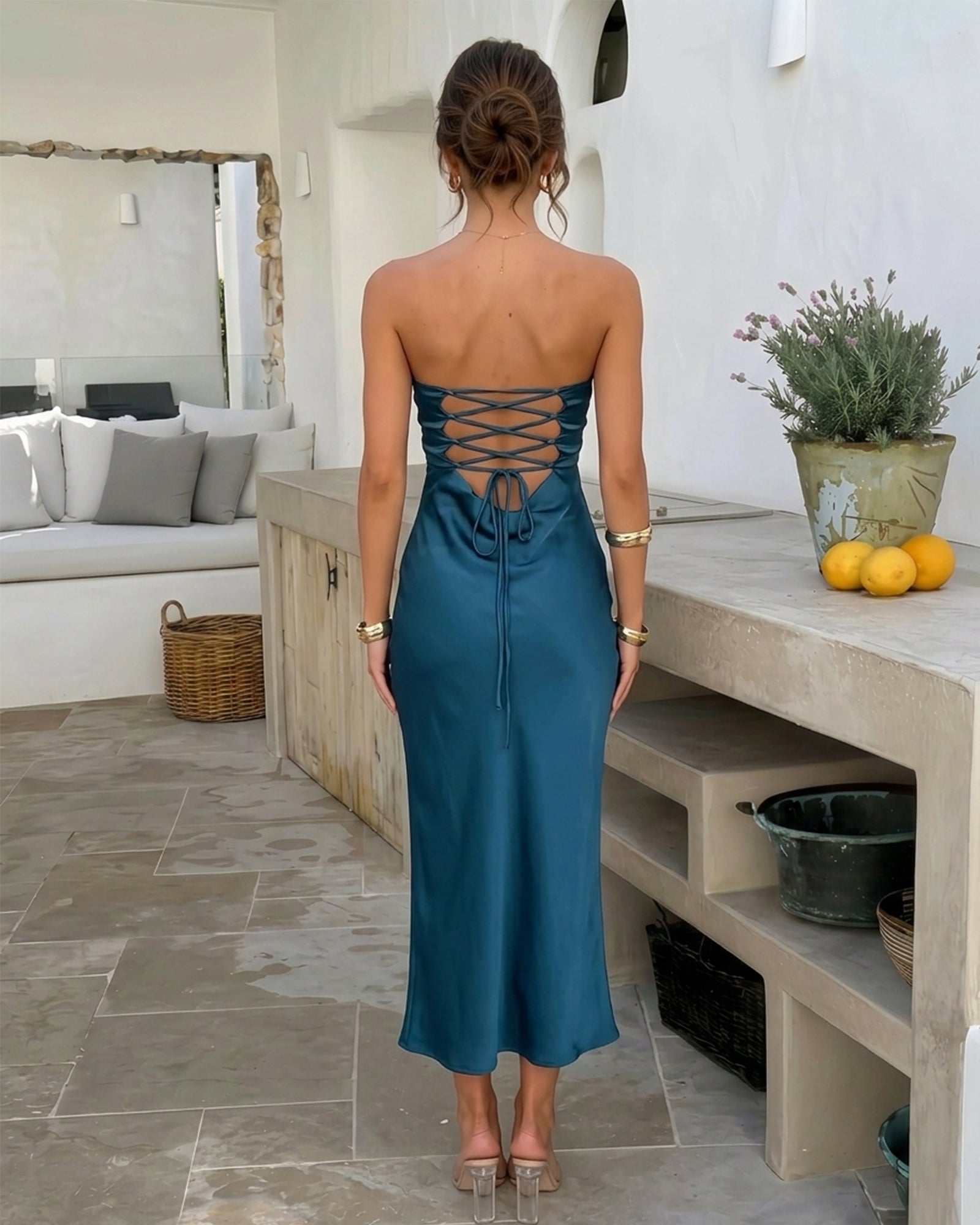 teal strapless twist front satin midi formal dress with cutout back - back view showing the lace-up cutout - image 2