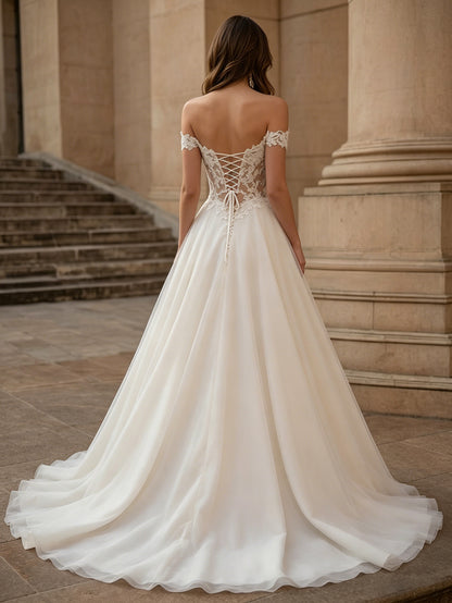 off shoulder lace A-line wedding dress with illusion bodice and train - image 2