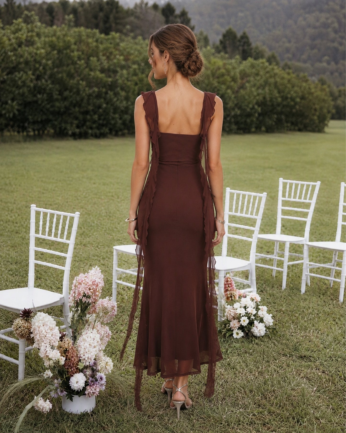chocolate square neck chiffon bridesmaid dress with long ruffled straps - image 2