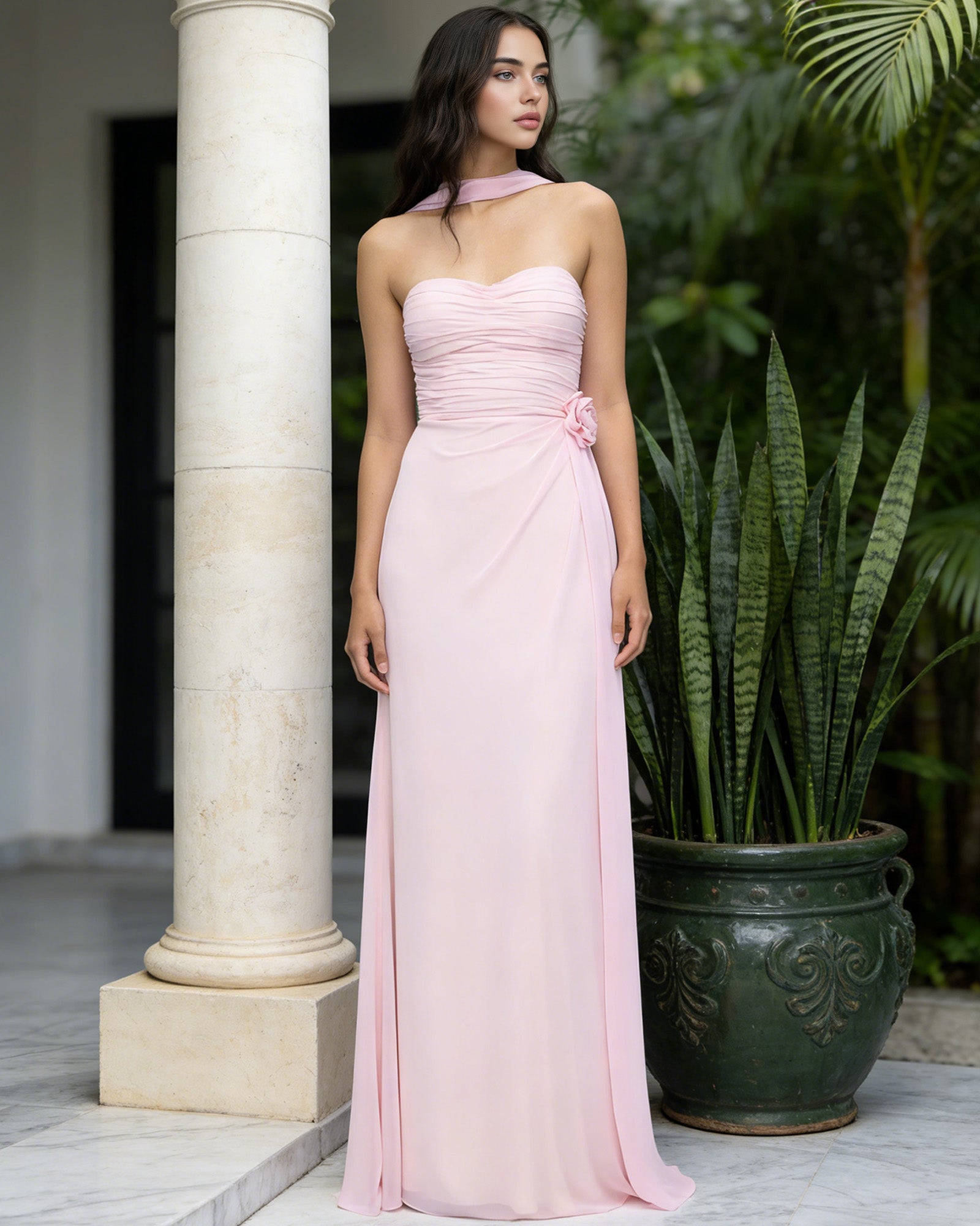 strapless chiffon bridesmaid dress with wrapped bodice and slit skirt - image 3