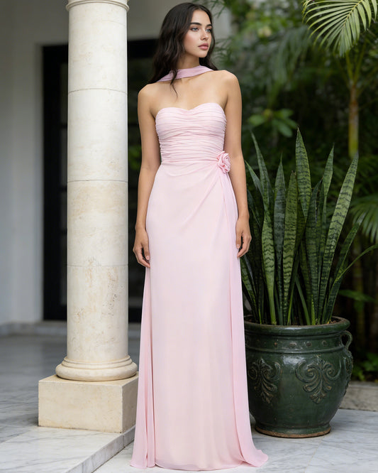 strapless chiffon bridesmaid dress with wrapped bodice and slit skirt - image 3