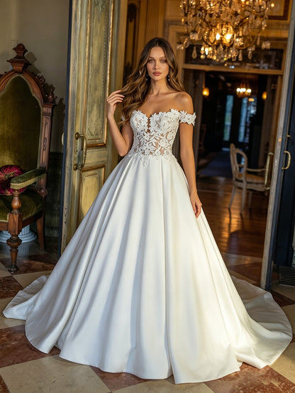 off shoulder satin ball gown wedding dress with beaded lace bodice - image 2