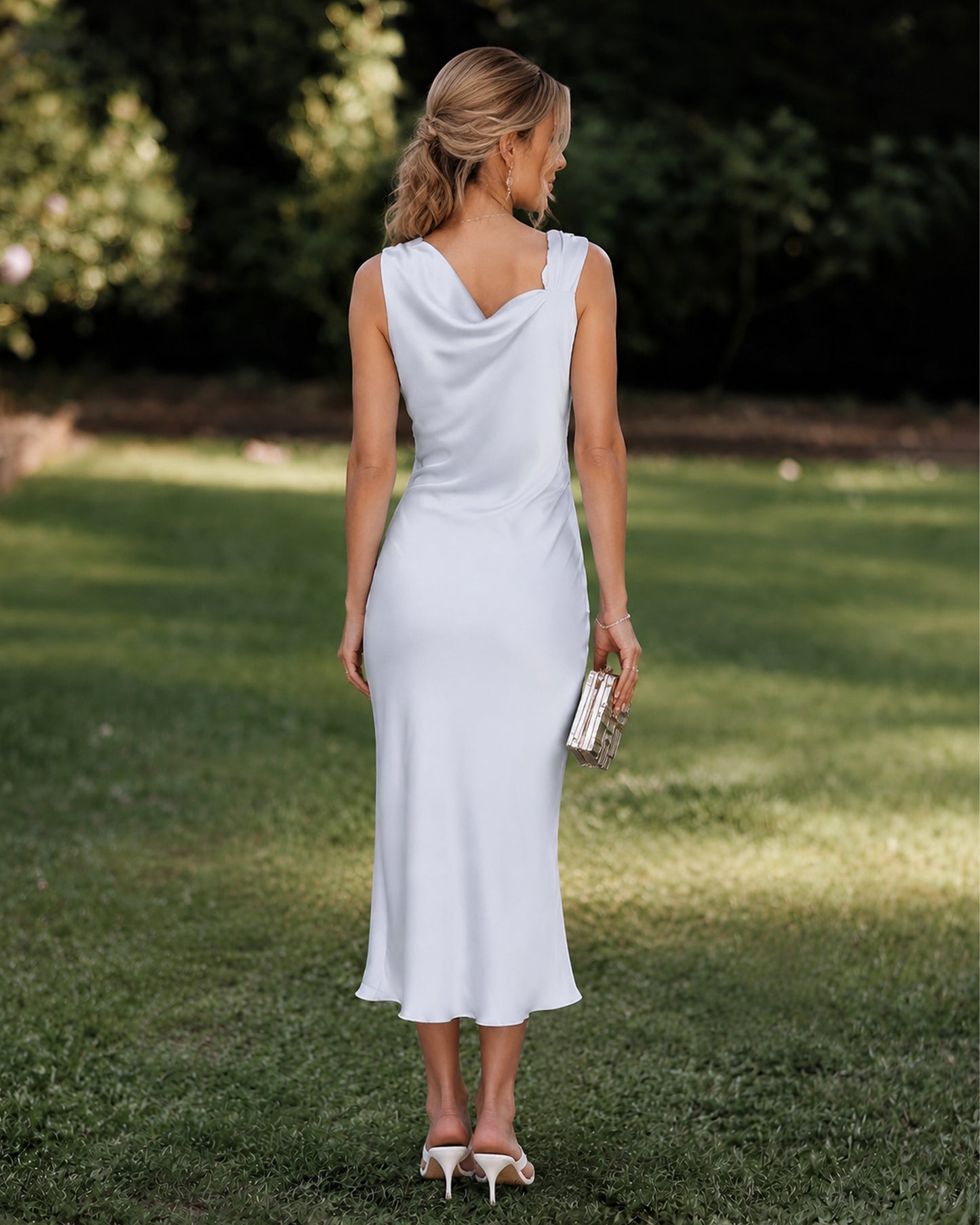 light blue asymmetric cowl neck satin midi bridesmaid dress with crystal shoulder detail - image 2
