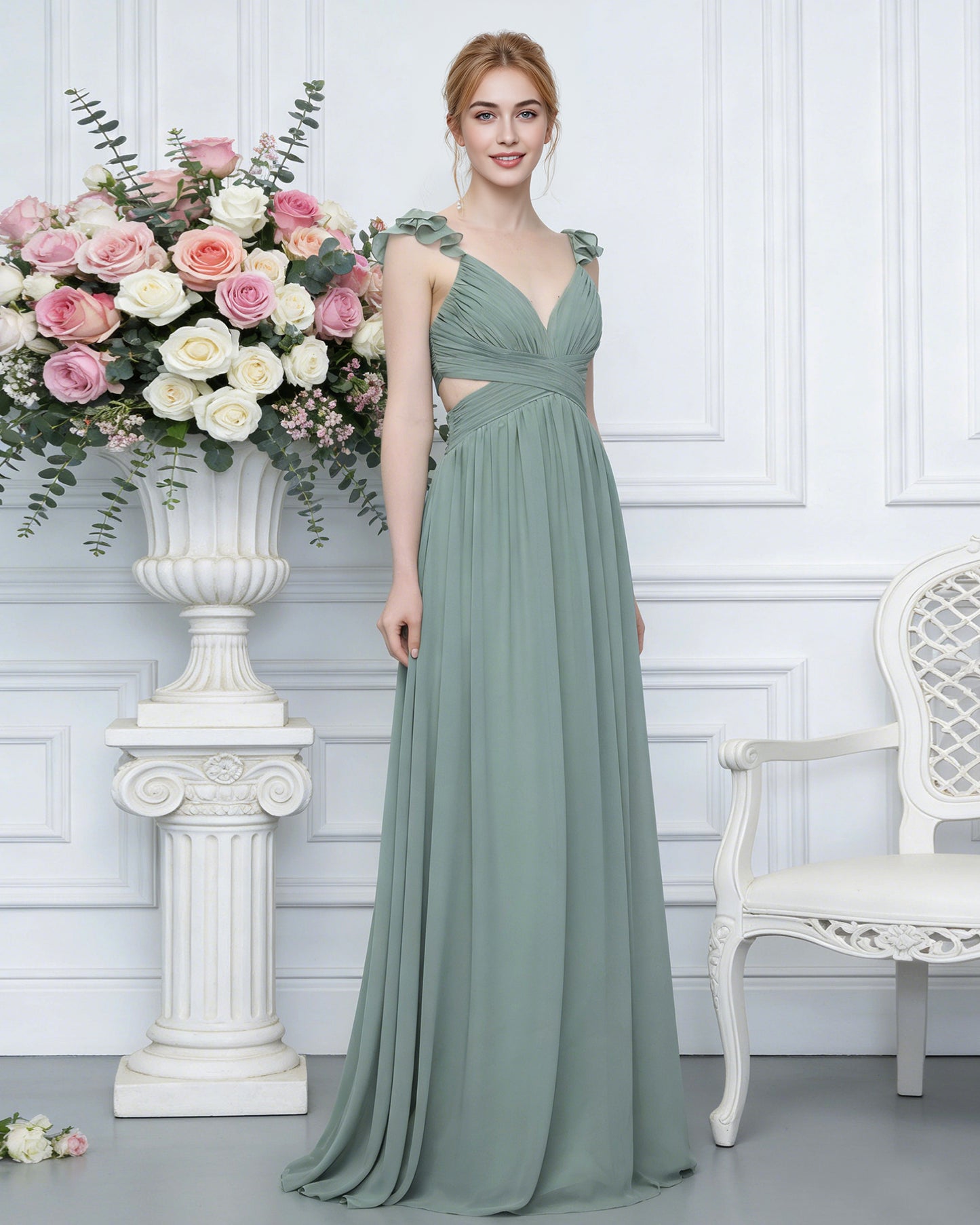 ruffle strap V-neck tulle bridesmaid dress with pleated waist - image 2