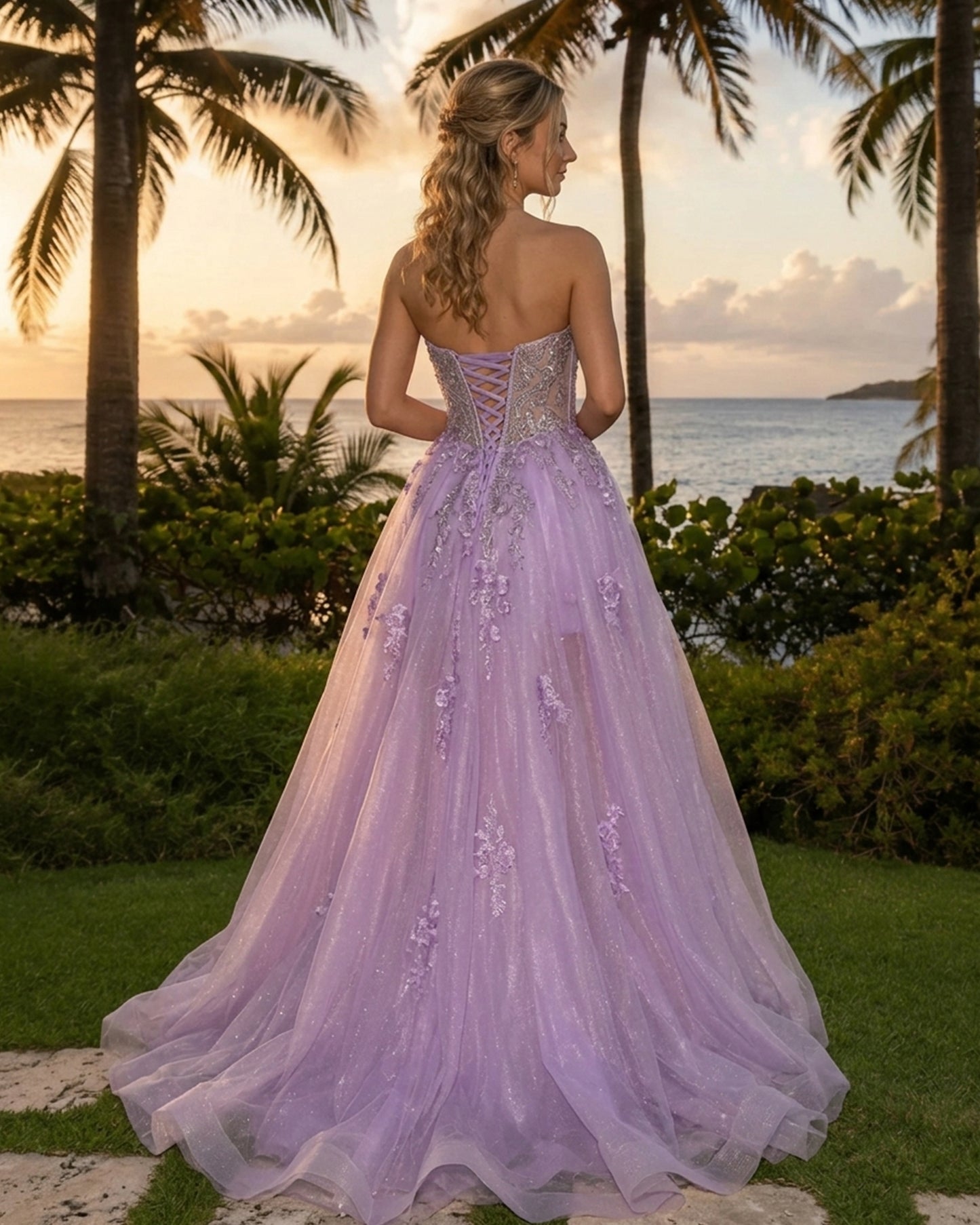 strapless floral applique tulle A-line prom dress with corset bodice and slit - image 2