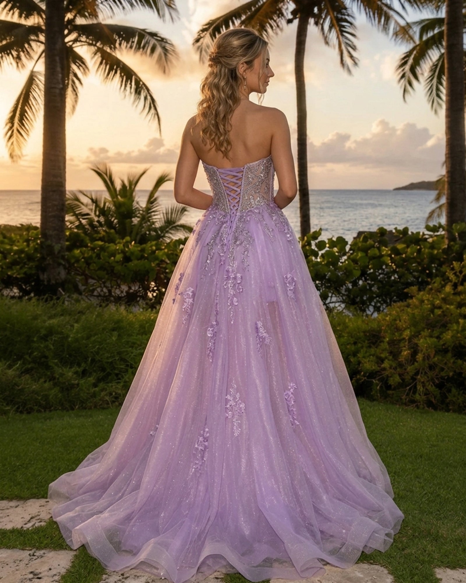 strapless floral applique tulle A-line prom dress with corset bodice and slit - image 2