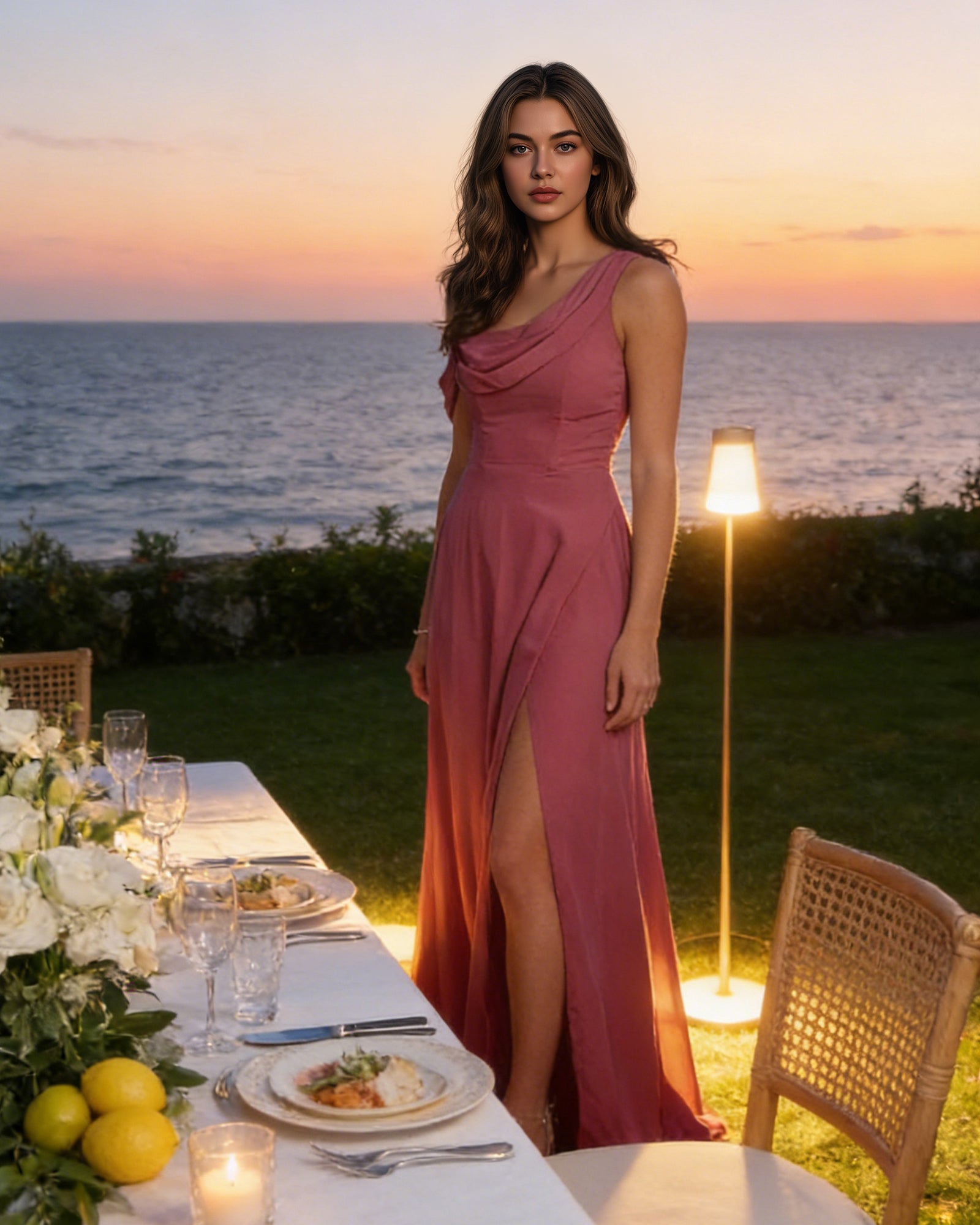 one shoulder satin bridesmaid dress with draped neckline and slit - image 3