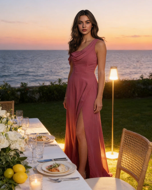 one shoulder satin bridesmaid dress with draped neckline and slit - image 3