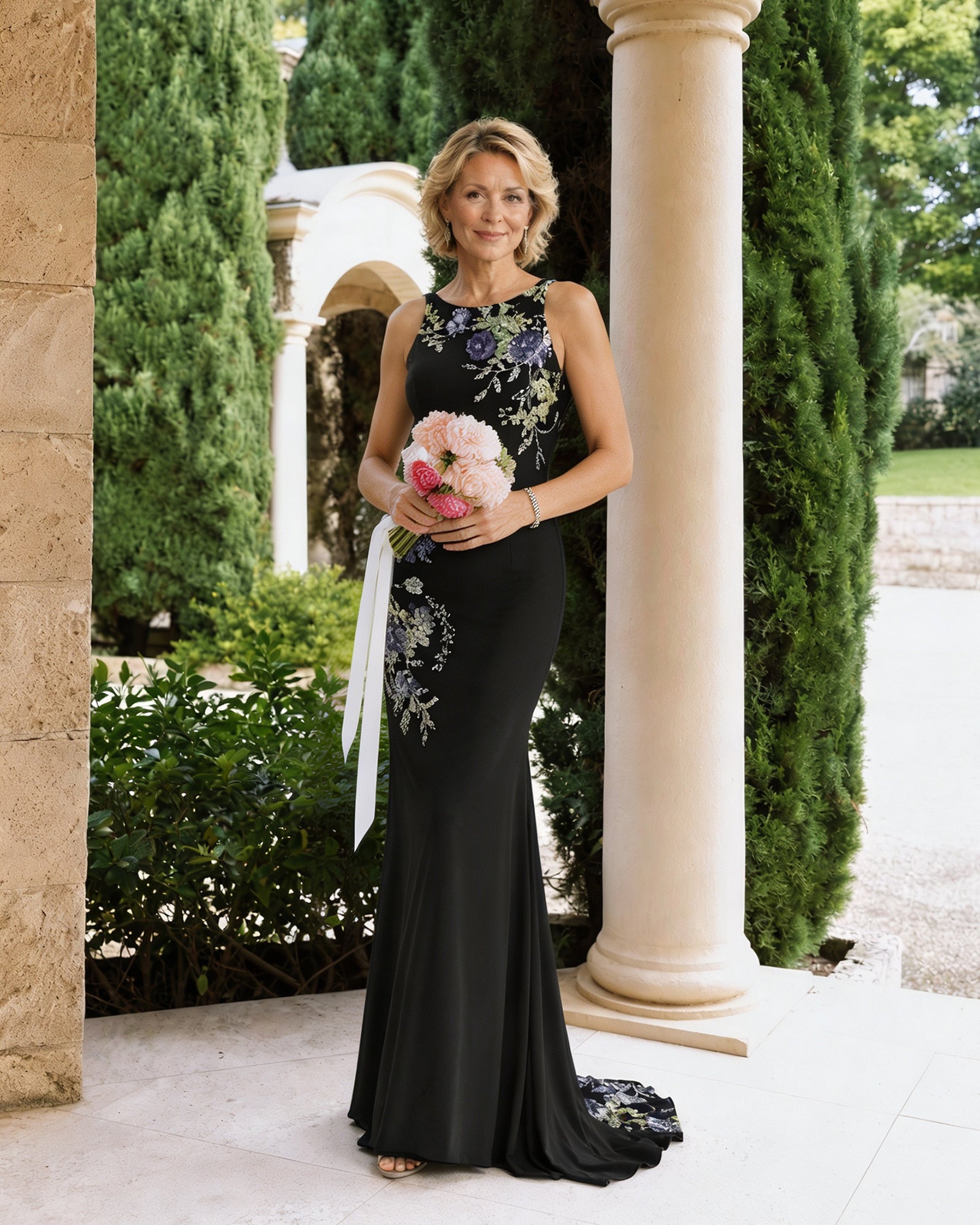 Floral Embroidered Halter Mother of the Bride Dress with Statement Train - front bouquet pose with neckline embroidery