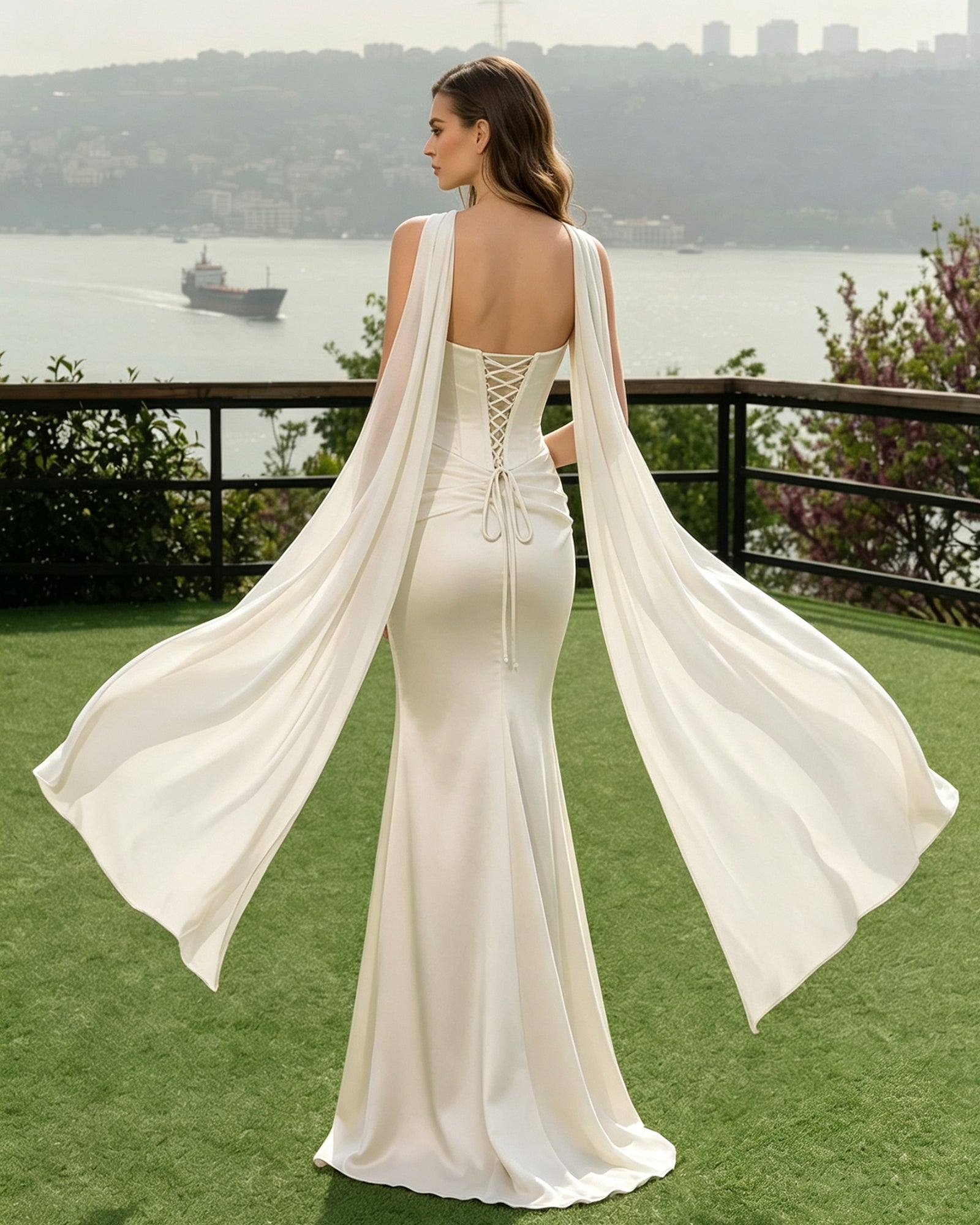 ivory satin corset mermaid bridesmaid dress with cowl neck and dramatic scarf - image 2