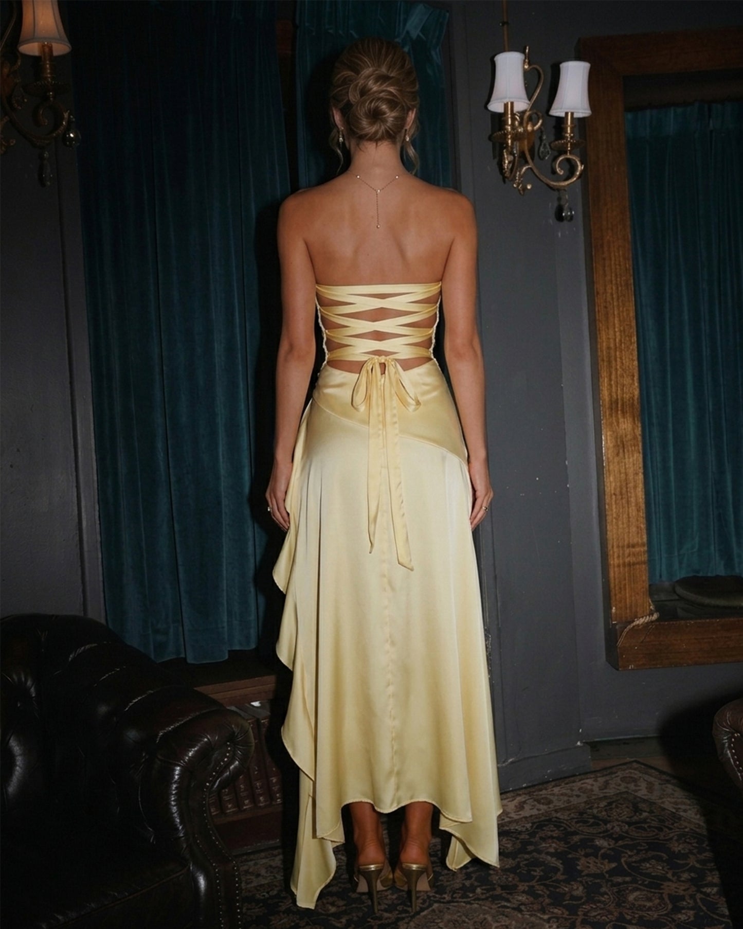 light yellow strapless ruched satin high-low formal dress with lace-up back - back view showing the lace-up detail - image 2