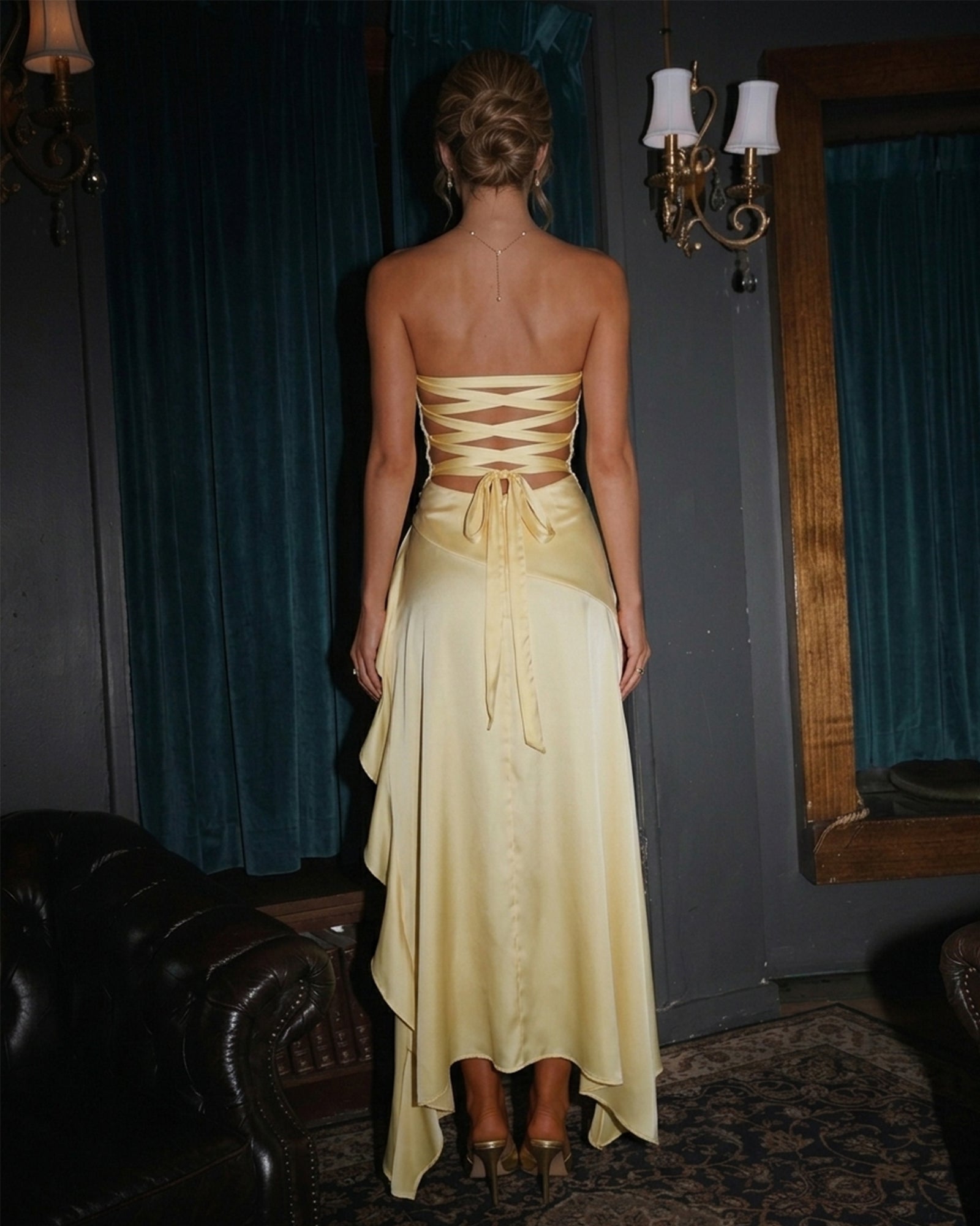 light yellow strapless ruched satin high-low formal dress with lace-up back - back view showing the lace-up detail - image 2