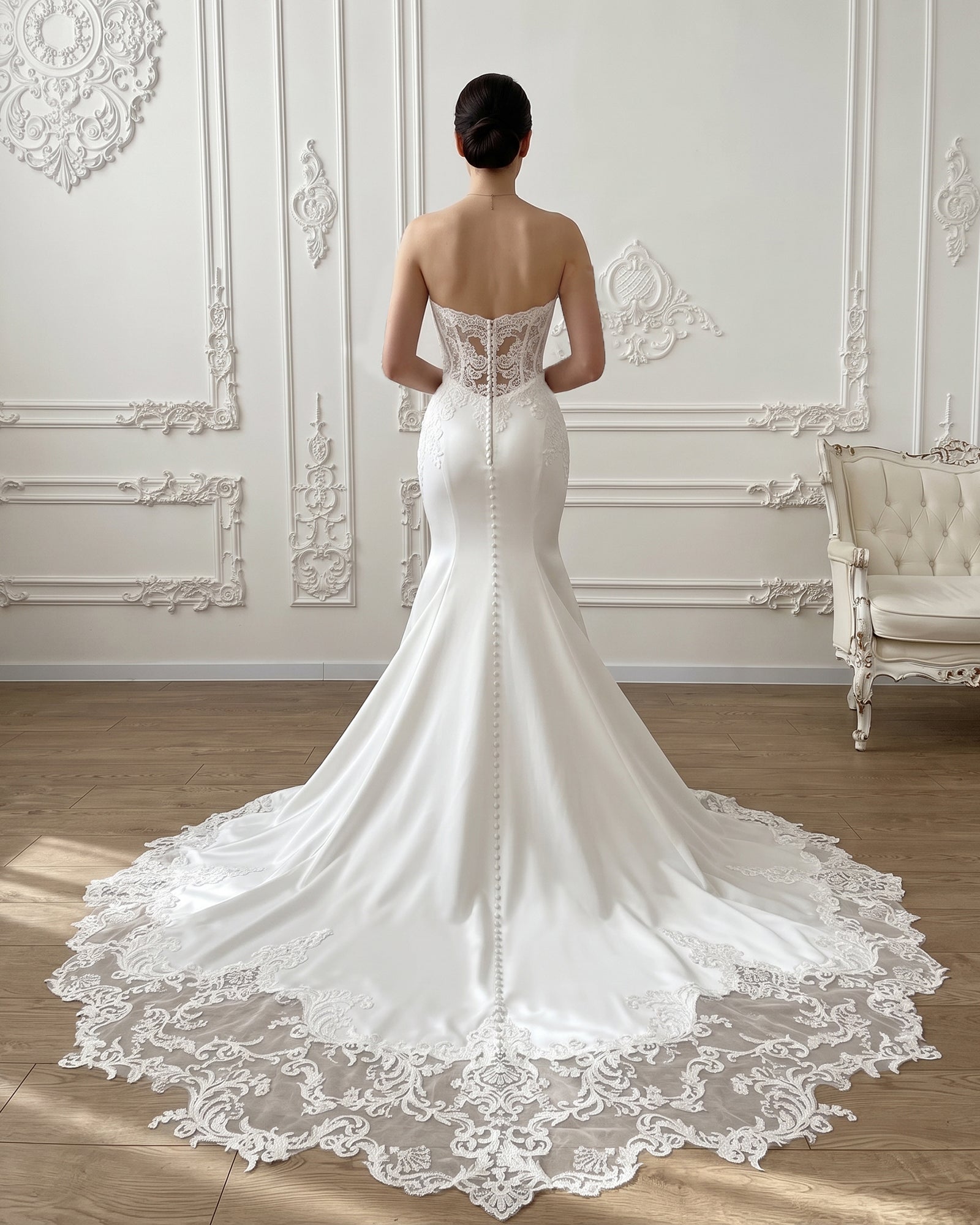 strapless lace mermaid wedding dress with corset bodice and chapel train - image 2