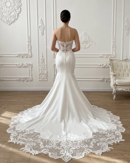 strapless lace mermaid wedding dress with corset bodice and chapel train - image 2