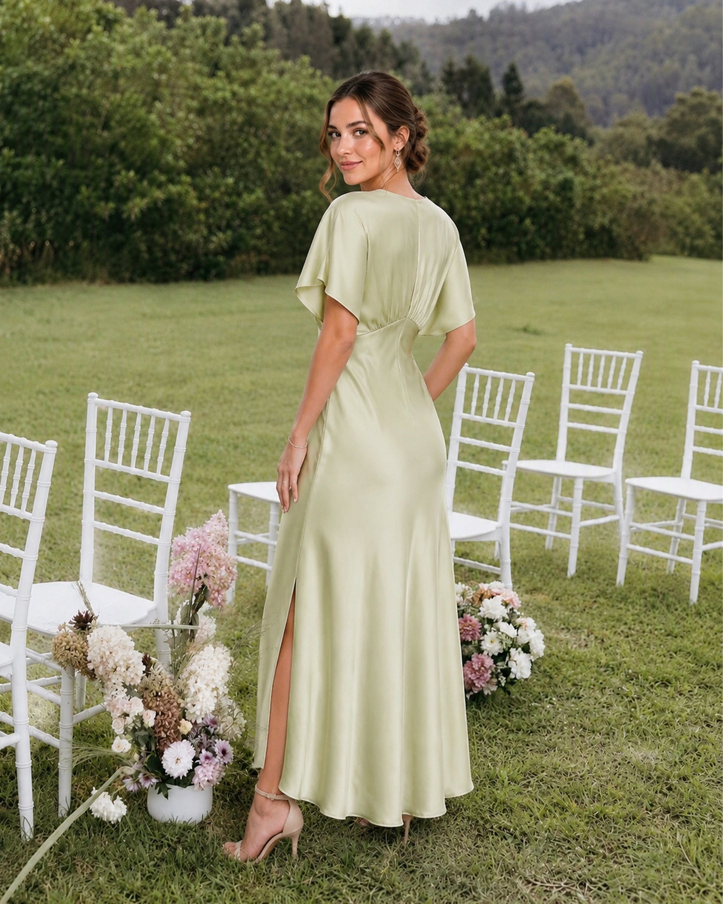 pastel green empire waist satin bridesmaid dress with flutter sleeves and side slit - image 2