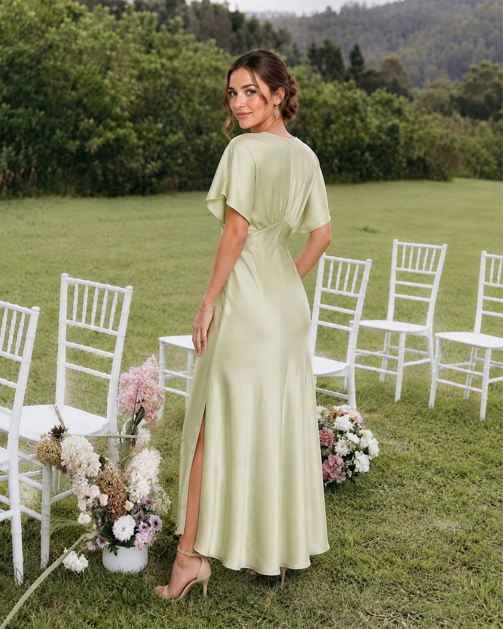 pastel green empire waist satin bridesmaid dress with flutter sleeves and side slit - image 2