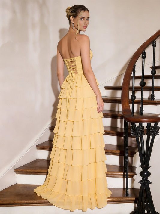 yellow strapless layered tulle prom dress with high low hem - image 2