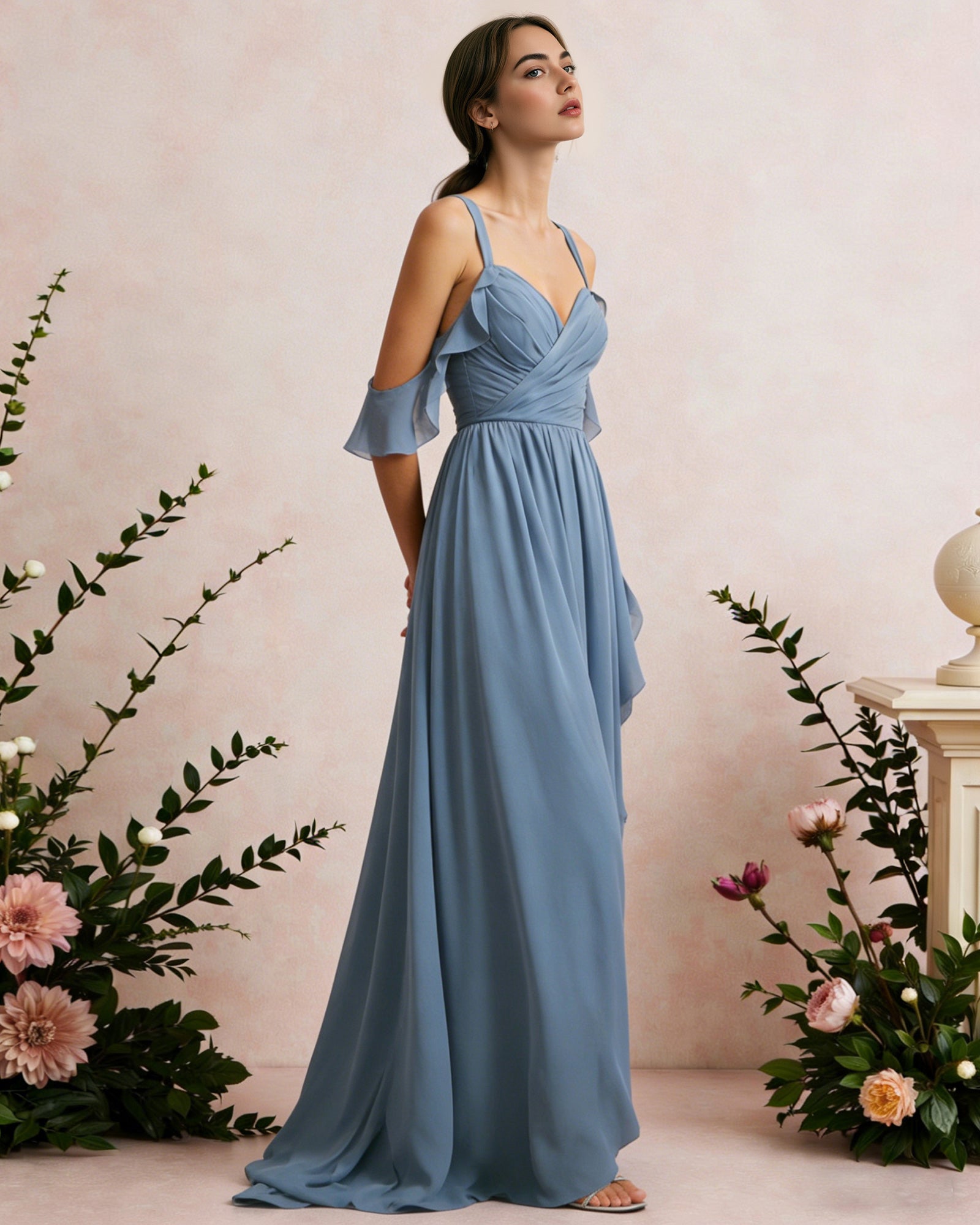 cold shoulder chiffon bridesmaid dress with draped V-neck bodice - image 2
